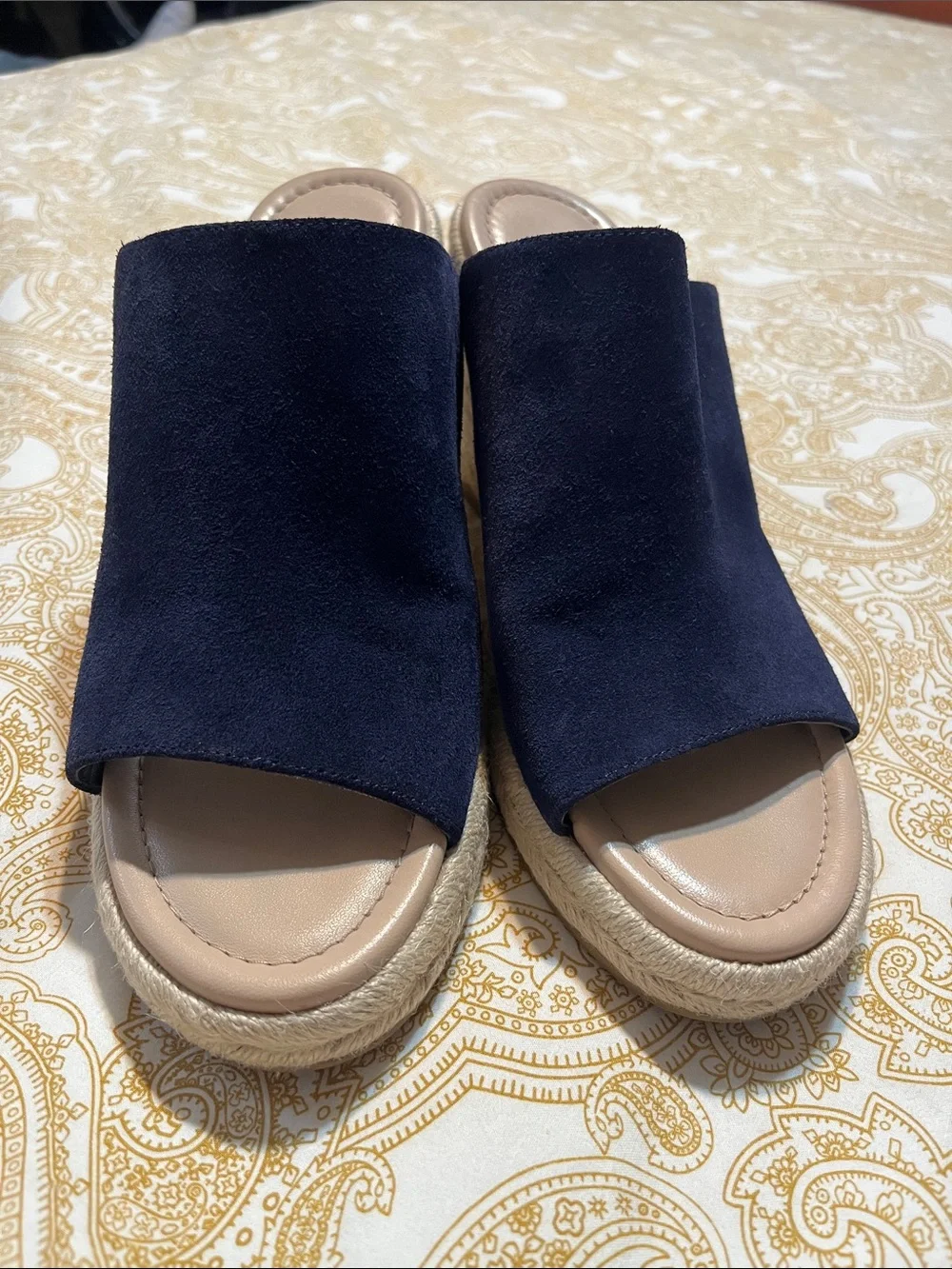 Stuart Weitzman Navy Suede Espadrille Slide Sandals with Tan Footbed - Picture 2 of 10